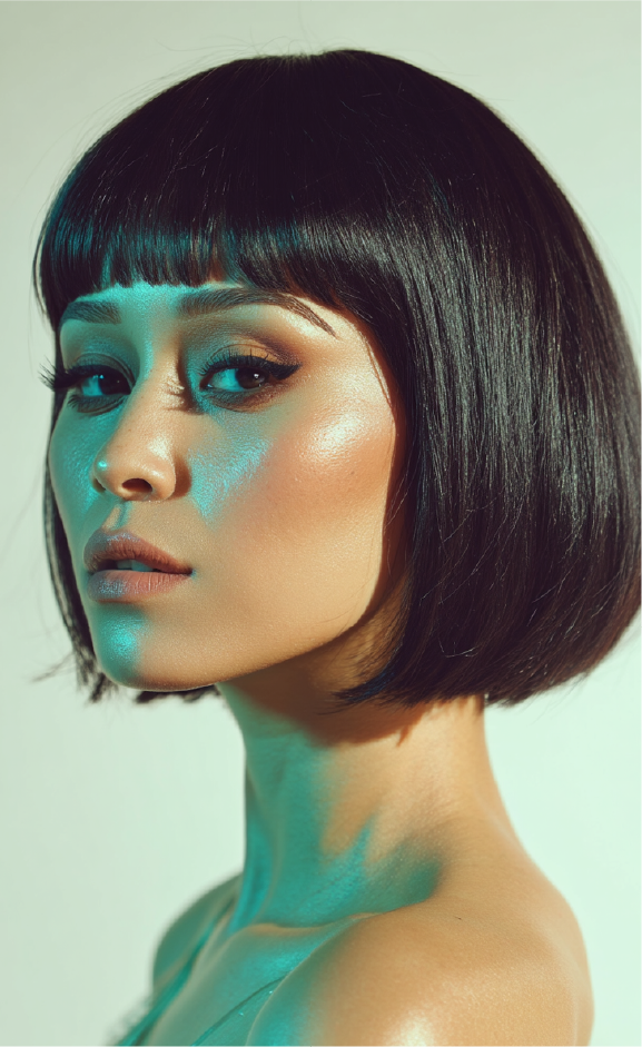 Sara in a dark bob with teal and amber lighting.